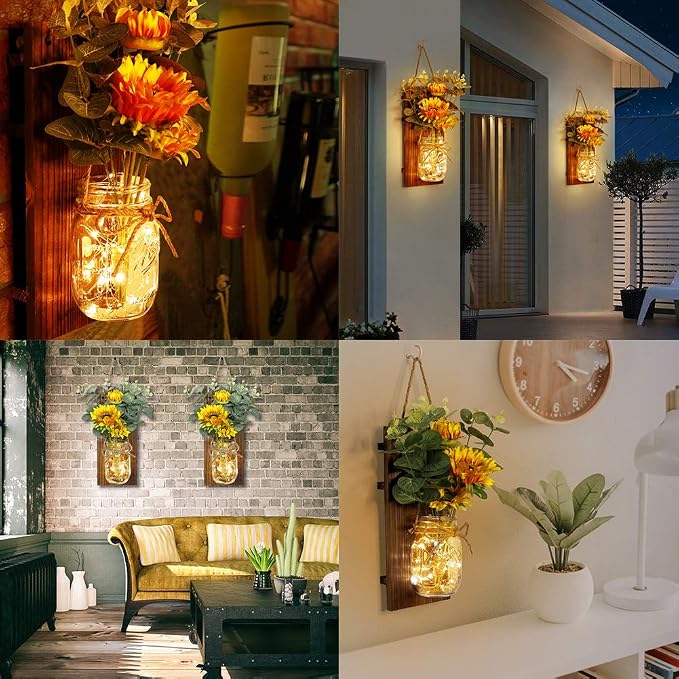 OurWarm Sunflower Wall Sconces Set of Two, Mason Jar Sconces Farmhouse Wall Decor Comes with Remote Control and Warm Toned LED Lights, Rustic Sunflower Decor for Home Kitchen Dining Room Living Room