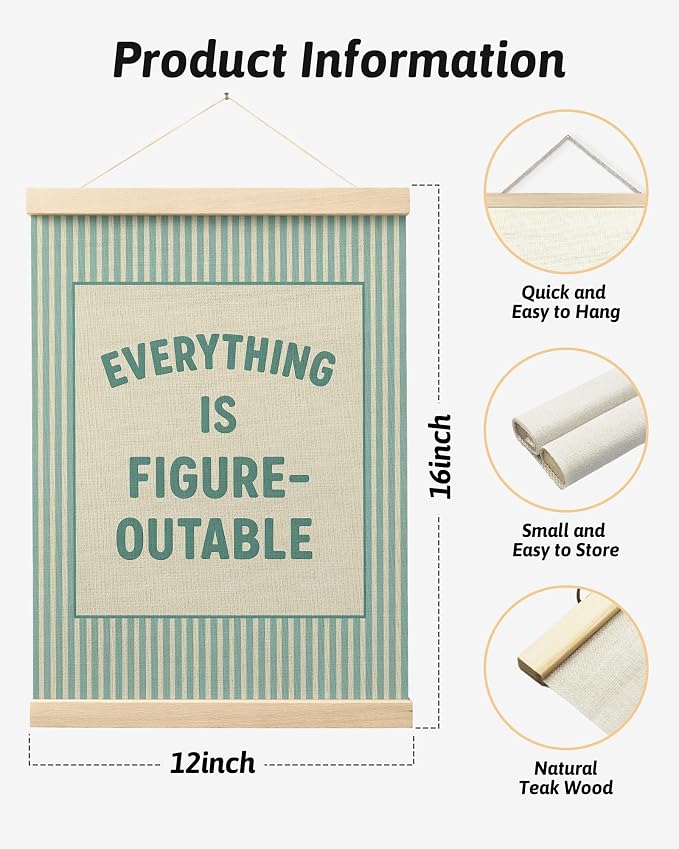 FGFK Everything Is Figureoutable Positive Affirmations Wall Art Poster Hanger Frame, Retro Cyan Inspirational Canvas Prints Framed Wall Decor for Office Classroom Home Bedroom, 12x16 Inch