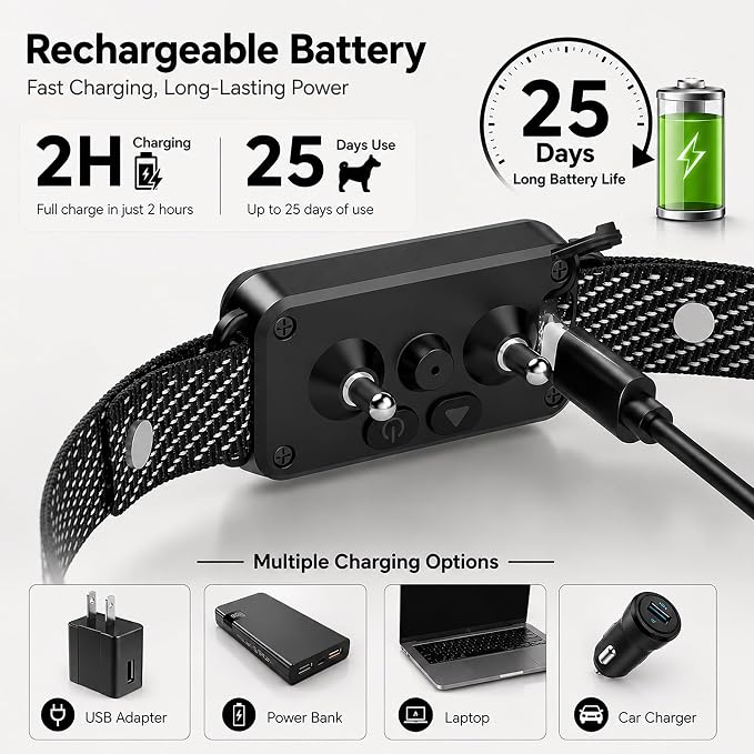 Smart Bark Collar for Dogs, Rechargeable Anti Barking Device with Beep and Vibration, 7 Sensitivity Levels, Auto Sleep Protection, IP67 Waterproof, for Small Medium Large Dogs, Black