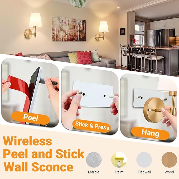 Nekhung Battery Operated Wall Sconce, Peel and Stick Sconces Set of 2 | Wireless Adhesive Stick On Wall Sconce, 10000mAh Rechargeable RGB Bulb with Remote, No Drill Wall Light for Bedroom Decor
