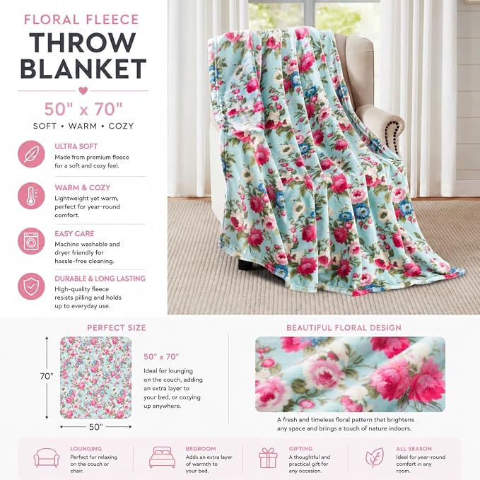 Spring Velvet Fleece Floral Throw Blanket: Rose Garden of Pink Blue Green Flowers on a Colorful Soft Cozy Aqua Design, Oversized 50" x 70"