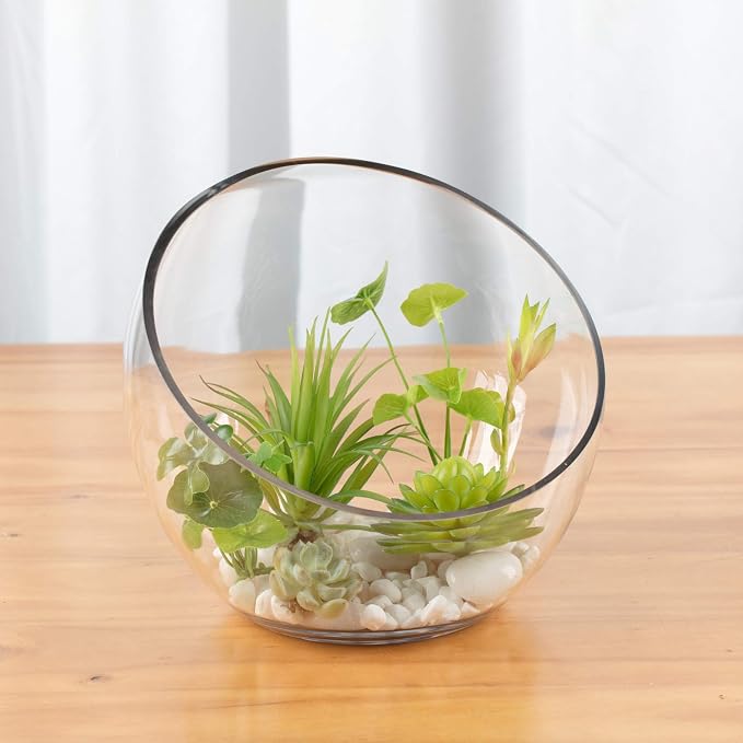 WGV Slant Cut Bowl Glass Vase Bulk, Width 9", Height 8.25", Clear Terrarium, Candy Dish, Fruit Jar, Floral Container for Wedding Party Event, Home Office Decor, 4 Pieces
