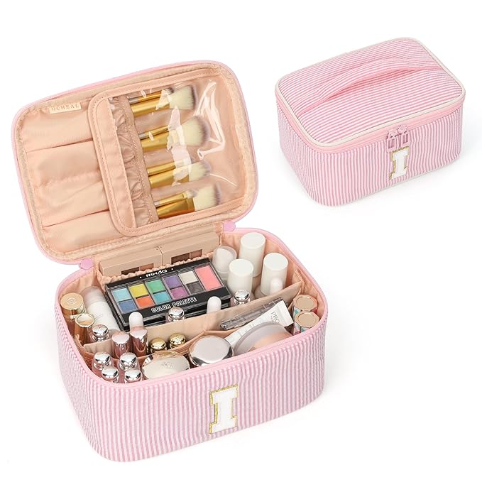 OCHEAL Makeup Bag Valentines Day Gifts for Women, Monogram Cosmetic Bag Pink Travel Makeup Case Beauty Toiletry Bag Organizer Personalized Gifts for Girls Bridesmaid, Sister, Wife, Friends Initial I