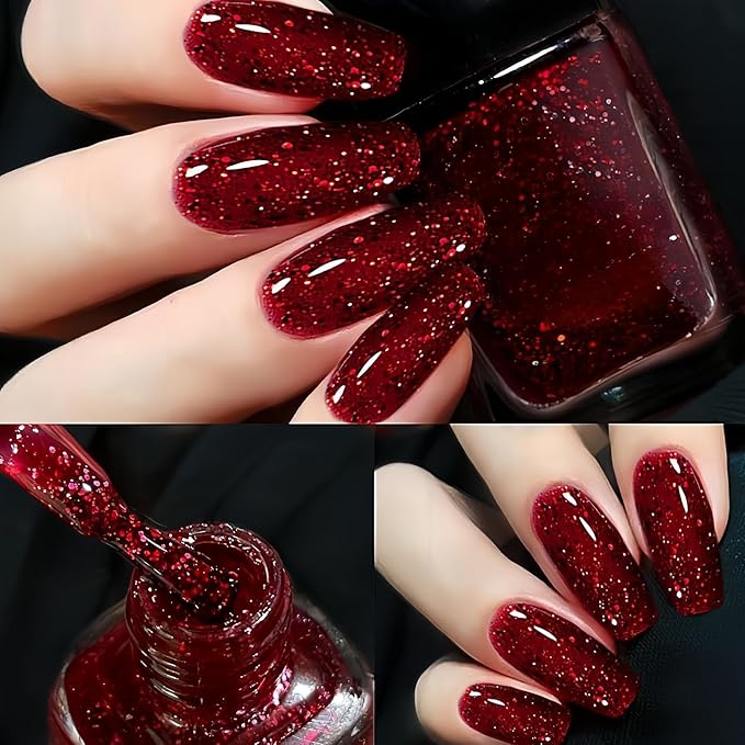 Red Glitter Nail Polish, 12ML Sparkly Burgundy Wine Red with Fine Glitter, Quick Dry Air Dry, Shiny Finish for Women Girls, No UV Needed