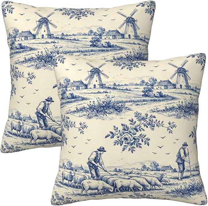 French Country Toile Pillow Covers 18x18 Set of 2, Blue & Cream Vintage Throw Pillow Covers Outdoor Decorative Pillow Case for Couch Bed Sofa Cushion Home Decor