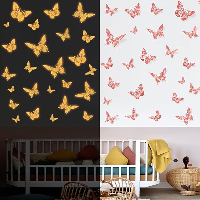 SAOROPEB Glow in The Dark 3D Butterfly 24 Pcs Orange Butterfly Stickers | 3 Sizes, Luminous Butterfly Stickers for Ceiling all, Glow in The Dark Party Supplies, Stickers for Kids Babys Nursery