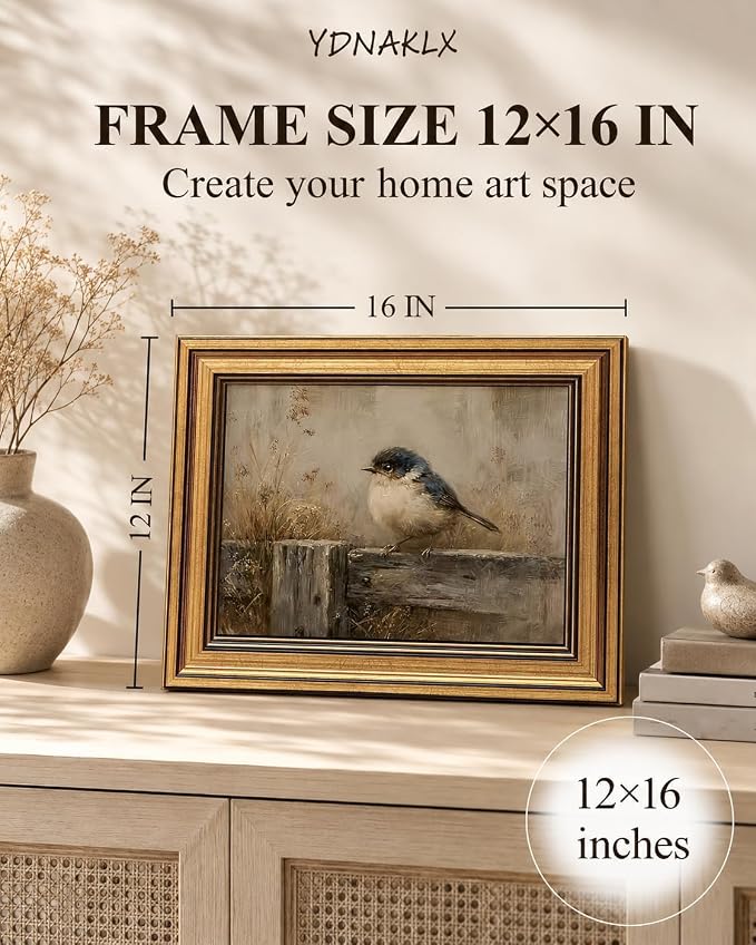 Gold Framed Wall Art, Rustic Nature Bird Canvas Prints, Neutral Farmhouse Bird Picture Wall Decor, Vintage Country Cottagecore Artwork for Living Room Bedroom 12x16 inch