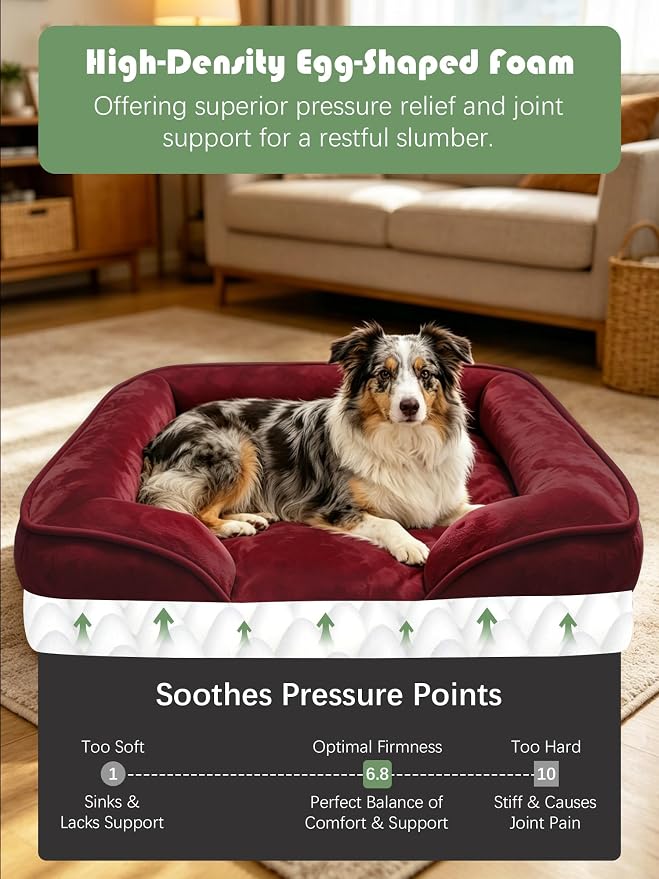 Spotted Play Orthopedic Dog Bed with Sides - Sofa Beds for Large Dogs, Supportive Foam Pet Couch Bed with Washable Removable Cover, Waterproof Lining and Non-Slip Bottom, Burgundy - L