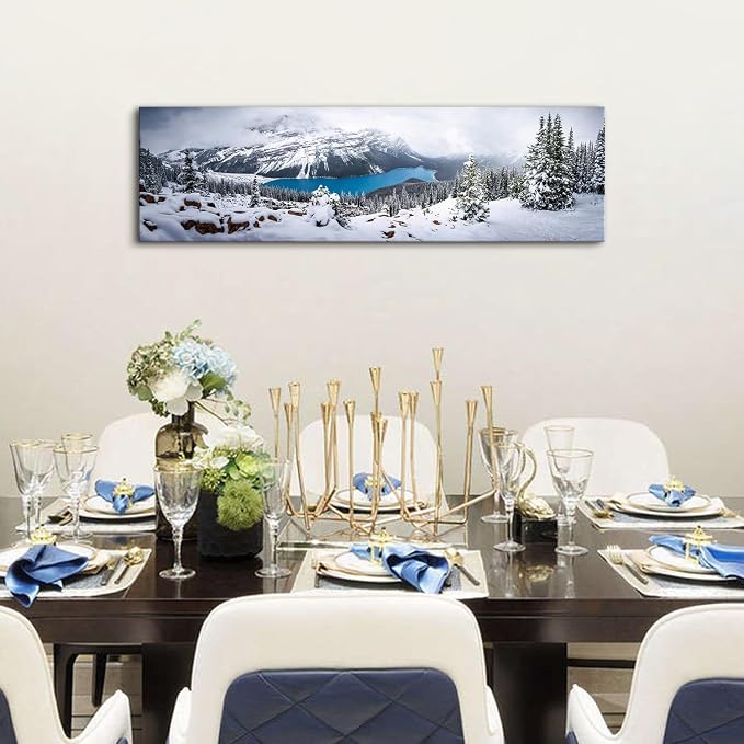 Snow Mountain Canvas Wall Art White Clouds Misty Forest Landscape Prints Picture Wall Decor Winter Tree Blue Lake Scenery Photography Painting Artwork for Living Room Bedroom Office Decoration 14x48"