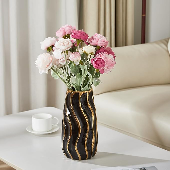 Black Ceramic Vase for Home Decor, Vertical Stripe Decorative Flower Vase for Bedroom, Office, Living Room, Bathroom, Tabletop Decor