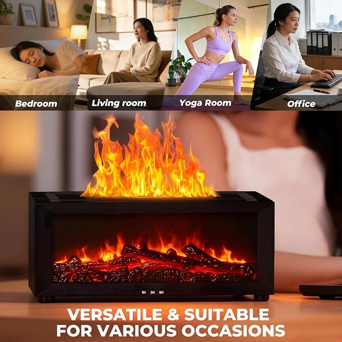 Fireplace Flame Essential Oil Diffuser, 7-Color LED Ultrasonic Aromatherapy Humidifier, 150ml, Cool Mist, with Remote Control and Timer, for Home Bedroom Office Yoga (Black)