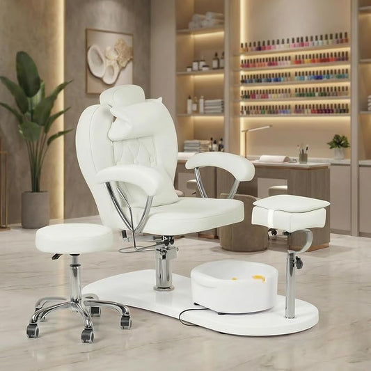 Pedicure Chair No Plumbing with Stool & Foot Bath, 360°Swivel Hydraulic Reclining Pedicure Station with Footrest & Ergonomic Headrest for Nail Tech, Spa, Salon (White)