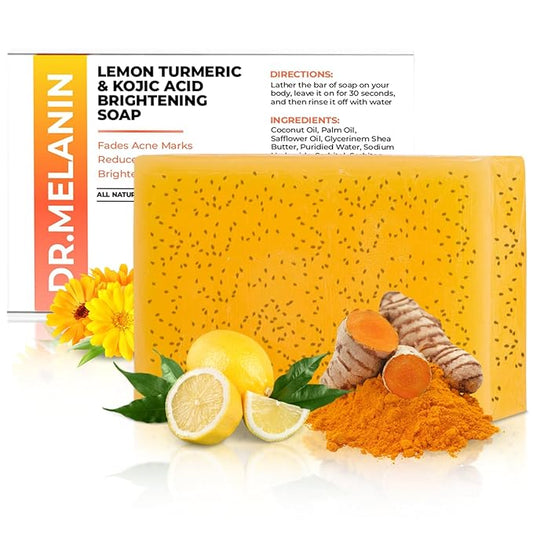 Dr. Melanin Organic Kojic Acid Turmeric Soap for Dark Spots, Hyper-Pigmentation Corrector, Face and Body Brightening Bar - Natural Lemongrass Cleansing Wash