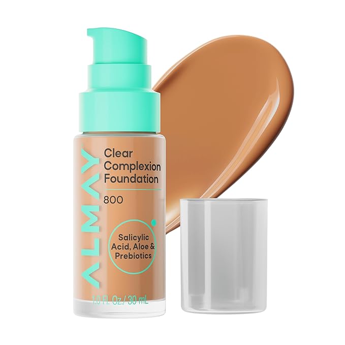 Almay Clear Complexion Foundation, Oil-Free Face Makeup for Acne-Prone Skin, Buildable Coverage, Soft-Matte Finish, Vegan, 800, 1 fl oz