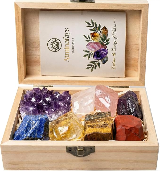 Premium Amethyst Cluster & 7 Chakra Healing Crystals Set - Amethyst, Rose Quartz, Citrine, Lapis Lazuli, Clear Quartz, Tigers Eye, Red Jasper - for Yuga ,Meditation, Reiki, Energy Alignment - with Wooden Gift Box, Guidebook & Velvet Pouch