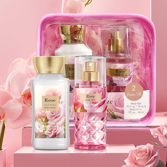 Mother's Day Rose Spa Gift Set - 2PCS Luxury Bath and Body Kit for Women with Body Lotion & Body Mist - Portable Travel Size Self Care Gift for Mom, Wife, or Her