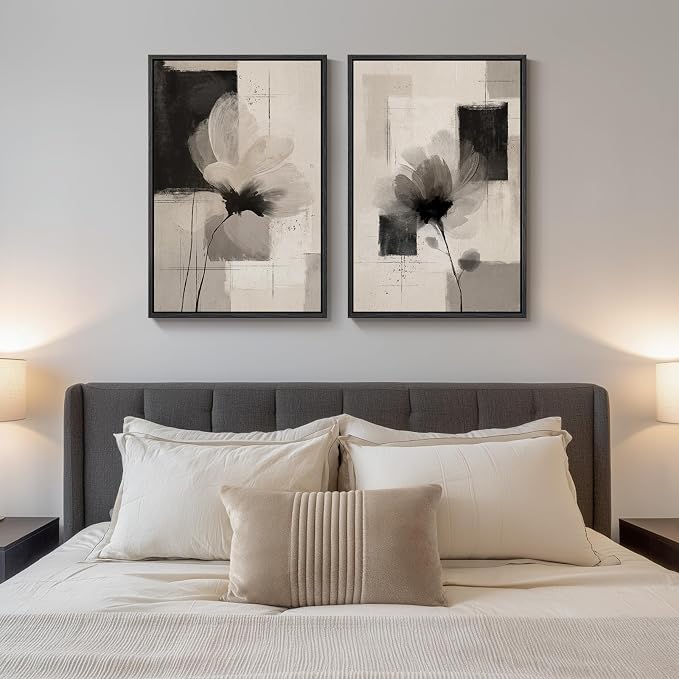 Framed Neutral Abstract Floral Wall Art, 2 Piece Black and Beige Minimalist Canvas Prints Paintings Artwork for Walls, Modern Elegant Pictures for Living Room Dining Room Bedroom Wall Decor 20x30 In