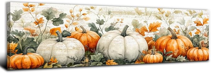 Pumpkin Canvas Wall Art Fall Picture Botanical Wall Decor for Kitchen Living Room, Rustic Flowers Scenic Prints Painting Holiday Decorations Watercolor Autumn Flowers Painting Poster Artwork 14x48”