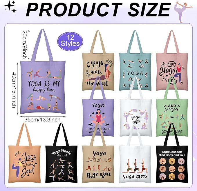 Hsei 12 Pcs Yoga Lover Gift Women Canvas Aesthetic Tote Bag Accessories Organizer Pilates Instructor Gift Yoga Teacher Grocery Bag Reusable Grocery Storage for Teachers Yogis Pilates Workout