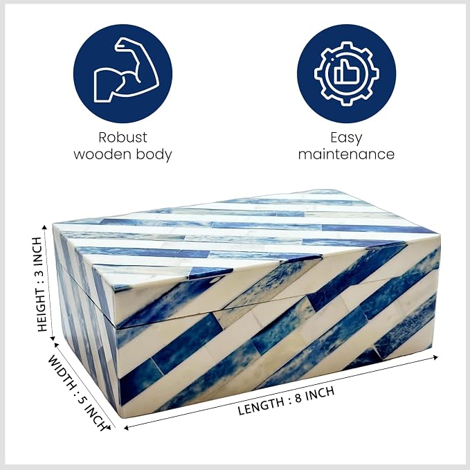 Perilla Home Home Decor Decorative Storage Wooden Box Small Lazio Organizer Tool Stash Card Craft Treasure Trinket Memory Keepsake Jewelry Box for Men and Women, Gifts For All, Blue and Off White