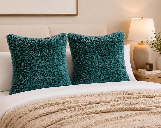 REAFORT Long Hair Faux Fur Euro Sham Cover 26"x26" Hidden Zipper,Evergreen | Ultra-soft plush faux fur with a hidden zipper adds luxurious comfort and is machine washable for easy care.
