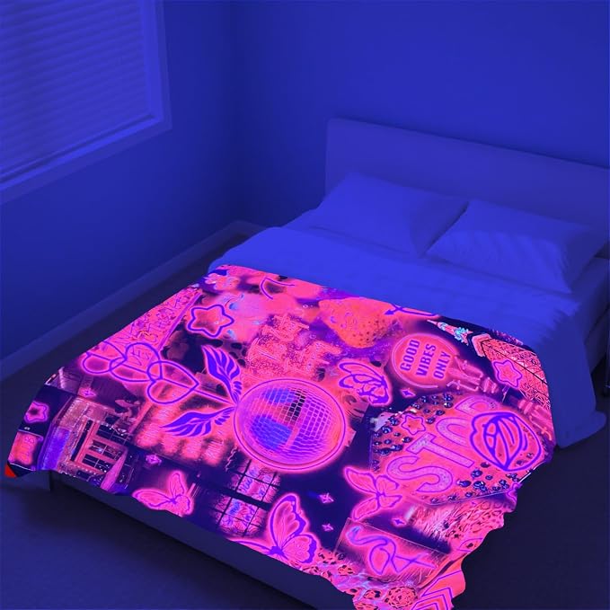 Blacklight Pink Collage Throw Blankets UV Reactive Aesthetic Throw Blanket Glow in the Dark Under Black Lights Game Room Decor Soft Throw Gifts 59x51 Inches