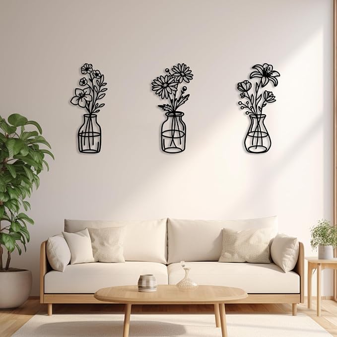 3 Pcs Metal Flowers Wall Arts,Black Metal Vase Wall Art,Iron Art Painting,Rustic Farmhouse Decor Minimalist Flower Decor for Bedroom Bathroom Living Room Dining Room(Black, Vase-A)