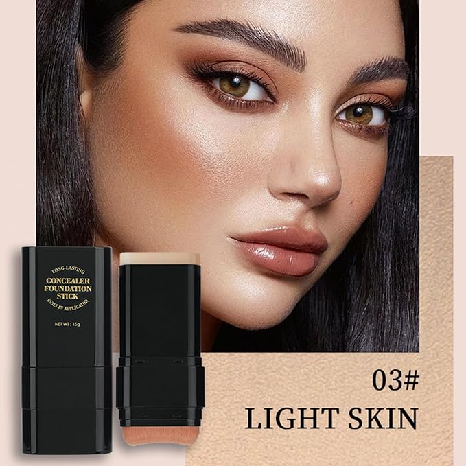 Foundation Stick,2 in 1 Dual-Ended Long-Lasting & Waterproof Concealer Korean Foundation Contour Sticks,Contouring Foundation with Brush,Full Coverage Matte Finish for Face Makeup(03LIGHT)