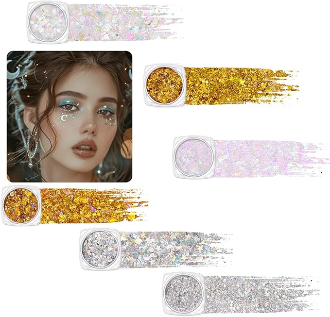 Gold Body Glitter Clear White Body Glitter Silver Face Glitter Hair Glitter Gel Singer Concerts Music Festival Rave Accessori Christmas Hallowen Face Paint 6 Shapes Chunky Glitter Gel for Women Girls