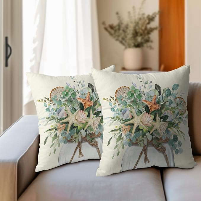 Kawani Eucalyptus Leaves Starfish Pillow Covers 16x16 Inch Set of 2 Coastal Green Leaf Mason Jar Outdoor Decorative Pillowcase Cotton Linen Square Cushion Case for Couch Sofa Home Decor