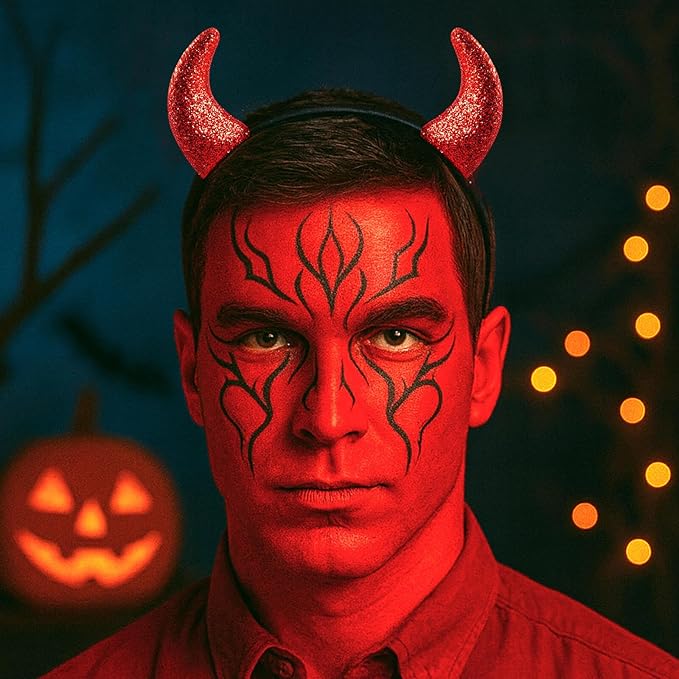 Red Face Paint Halloween Makeup Kit,Devil Horns Headband for Kids,1.01oz Water-Based Red Body Paint+Black Lipstick+Sponge+Devil Glitter Headband,Cream Face Paint Stick for Costume
