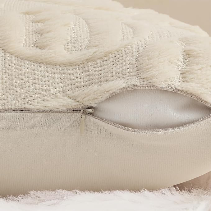 decorUhome Beige Faux Fur Egg Throw Pillow Covers 16x16 Set of 2 | Plush Soft Wool Jacquard Beige Cushion Covers, Modern Farmhouse Neutral Easter Holiday Decor Pillow Covers for Couch Sofa Bed