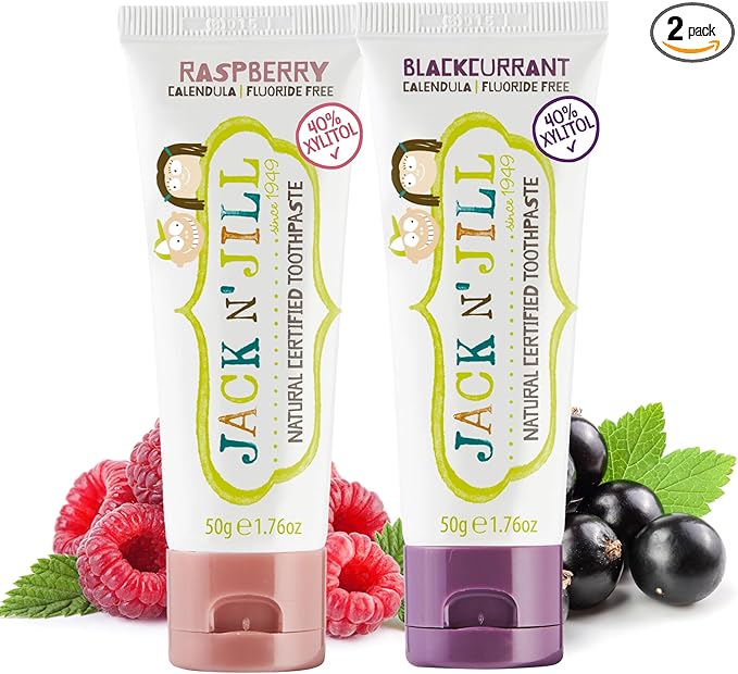 Jack N' Jill Natural Toddler Toothpaste - Fluoride Free Training Toothpaste for Toddlers 1-3, 40% Xylitol, BPA Free - Raspberry & Blackcurrant, 1.76 oz (2 Pack)