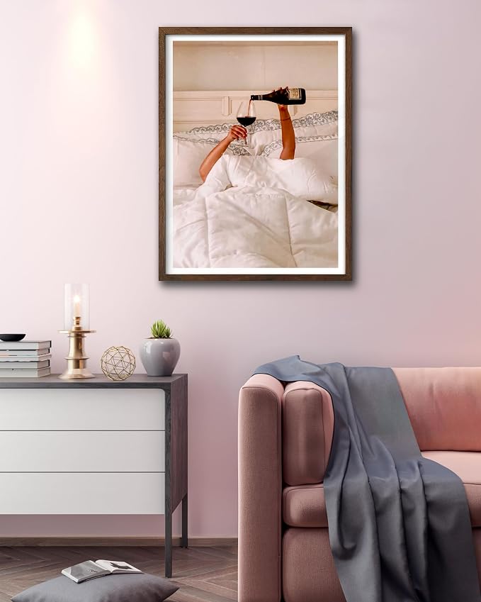 EcoHest 12x16 in Woman Drinking Wine in Bed Framed Wall Art for Bedroom | Walnut Color Solid Oak Frame, Canvas Wall Art, Feminist Wine Wall Decor for Bedroom, Bathroom, Dorm Room, College Room, 1Pack