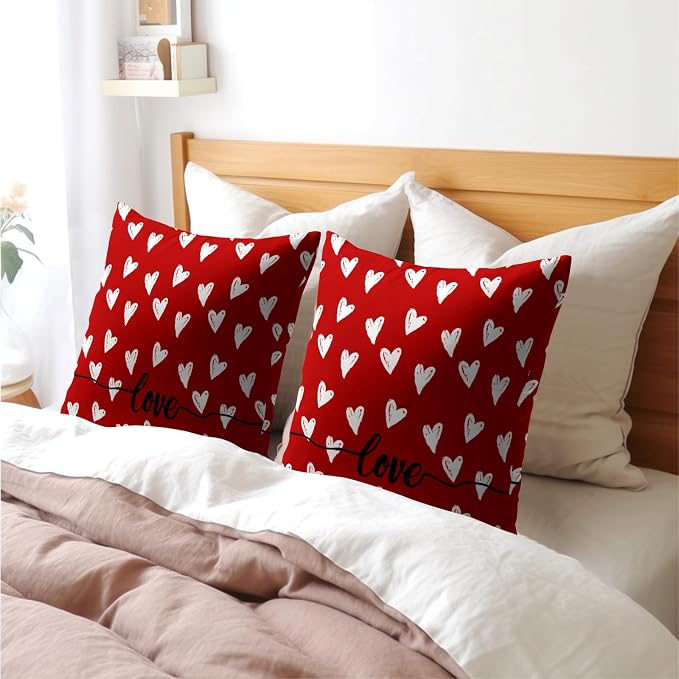 Kawani Valentine's Day Throw Pillow Covers 20x20 Inch Set of 2 Romantic Love Hearts Red Decorative Pillow Cases Cotton Linen Cushion Cover for Home Sofa Couch Wedding Anniversary Decor