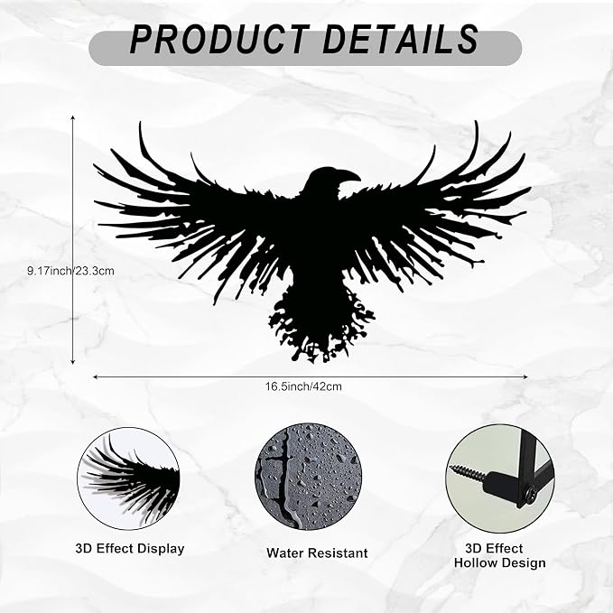 Metal Raven Wall Art, 3D Viking Crow Decor for Gothic Home, Black Outdoor | Striking 3D raven/crow sculpture, gothic & viking inspired, weatherproof for both indoor and outdoor display