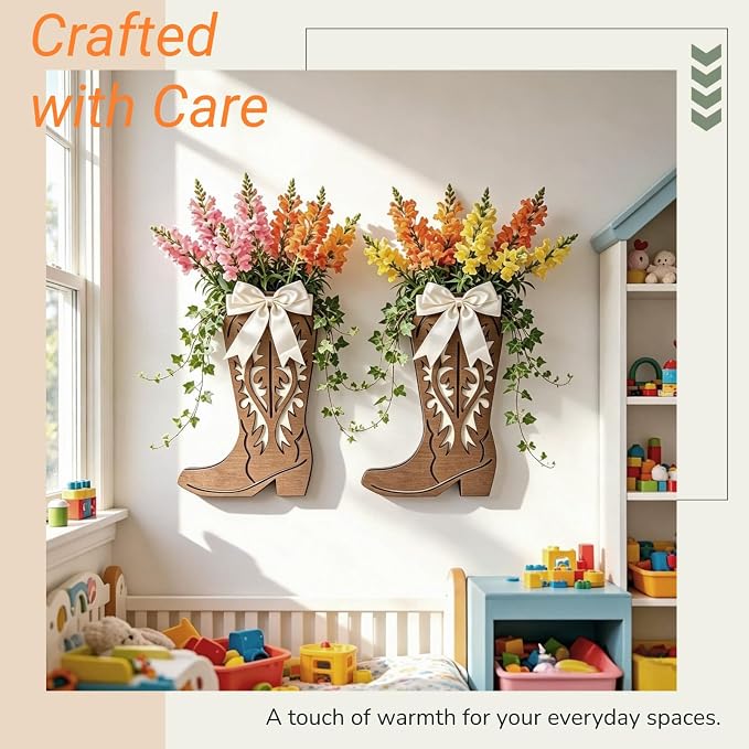 2 Pcs Wood Cowboy Boot Wall Vase - Western Rustic Home Décor | Sturdy wood planter for faux flowers. Suited for bedroom, kitchen, living room. Easy hang. Works farmhouse, country, cabin