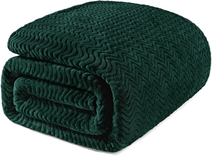 Exclusivo Mezcla Soft Fleece Blanket King Size for Bed, Sofa, Forest Green | 90"x104" Breathable Lightweight Flannel Blanket for Summer, Plush Cozy Jacquard Wave for Home Decor