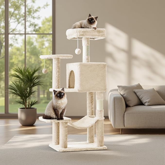 Sweetcrispy 44 Inch Cat Tree Tower for Indoor Cats and Kittens | Multi Level Cat Climbing Tower with Natural Sisal Scratching Posts, Hammock, Pet Condo, Beige