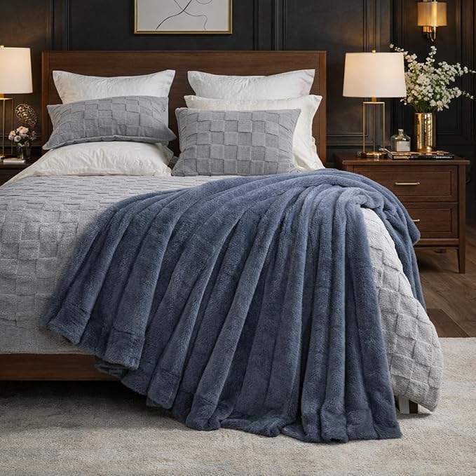 Cozy Bliss Deluxe Sheared Rabbit Faux Fur Throw Blanket, Soft Fuzzy High-Low Sculpted Plush Blanket for Couch, Cozy Home Accent, All Season Use, Blue 50"x60"