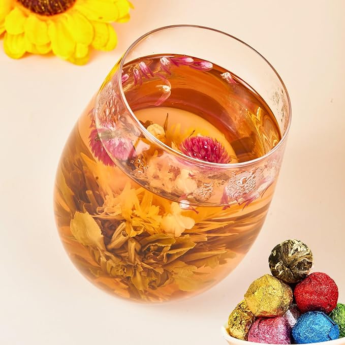 10 Assorted Blooming Flower Tea Balls Gift Set| Handmade Herbal Flowering Tea Balls Variety Individual Packing| Blooming Green Teas with Flowers for Teas Lovers, Anniversary, Valentine, Birthday (Star & Moon Bag)