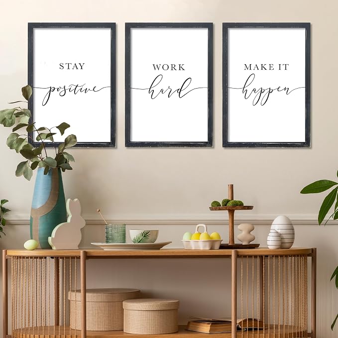 RLWangChao Inspirational Quotes Wall Art Decor 3 Piece 11"X16" Black | Modern Office, Stay Positive Work Hard Make It Happen Motivational, Framed Sign, Living Room Positive Wall Hanging