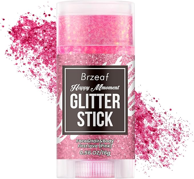 Brzeaf Christmas Pink Glitter Stick, Not Greasy & Long Lasting, Chunky Glitter for Face/Body/Hair/Eyes/Lip, Singer Concert Music Rave Festival, Glitter Stick Makeup & Face Glitter Gel for Women Men