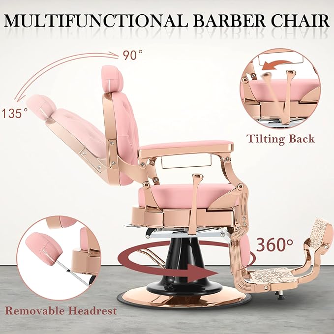 Vintage Barber Chair for Barbershop, Heavy Duty Recline Hair Salon Chair for Home Hair Beauty Stylist, Professional Salon Spa Shampoo Equipment, Supports up to 550lbs & 360° Swivel, Rose Gold