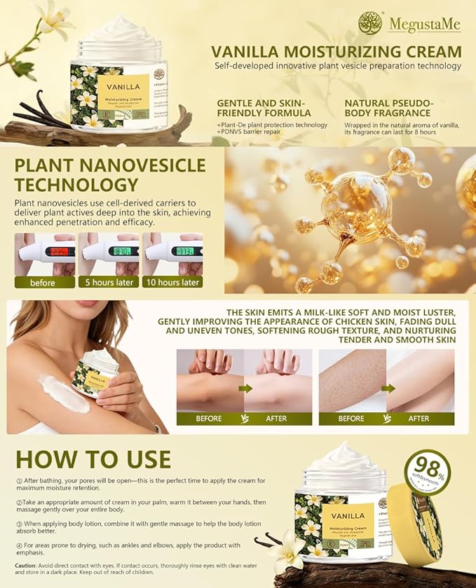 Vanilla Moisturizing Cream - 200ml Plant-Derived Nanovesicles Face & Body Lotion with Shea Butter & Vitamin E, Hydrating Moisturizer for Dry & Sensitive Skin, Body Cream with Vanilla Scent