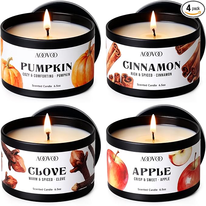 AOOVOO Fall Candle Set - 4 Pack Scented Candles for Home, 26oz up to 200 Hours Long Lasting, Pumpkin/Apple Cinnamon/Clove Cinnamon/Cinnamon Candles Gift Autumn Fragrance Decor