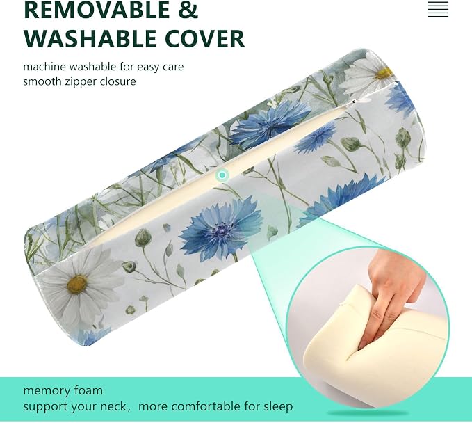 White Daisy Flowers Blue Cornflower Neck Roll Pillow Bolster Round Health Memory Foam Long Cervical Cylinder Pillows with Removable Washable Cover for Body Bed Legs Back Yoga