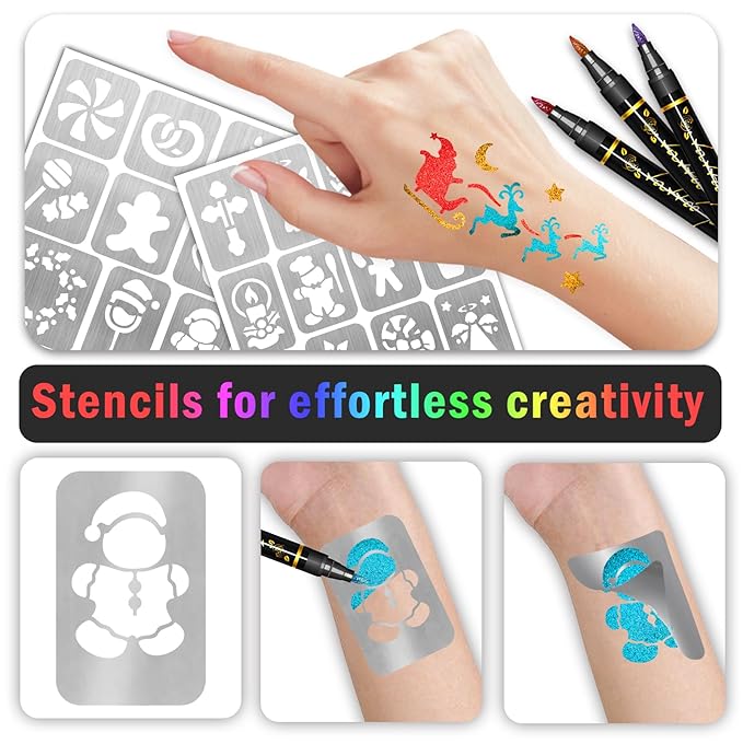 Christmas Temporary Tattoo Markers for Kids and Adults, 8 Metallic Markers and 165+ Temporary Tattoo Stencil Designs for Christmas, Cosmetic Tattoos Pens for Party Favor