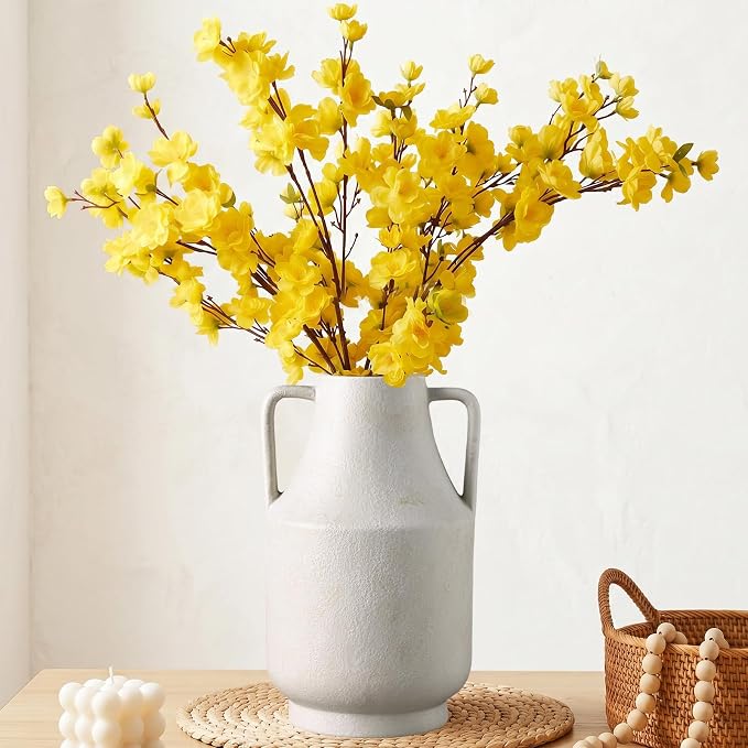 Ceramic Flower Vase with Handles, 11in Tall White Vases for Centerpieces | Waterproof Large Decorative Terracotta Vases for Home Decor, Living Room,Table, Handcrafted (White)