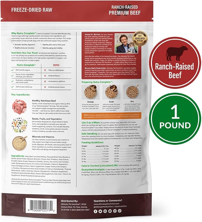 ULTIMATE PET NUTRITION Nutra Complete Freeze-Dried Raw Dog Food, Beef 1lb | Vet-formulated with antioxidants, prebiotics, & amino acids, full meal or topper for adult canines, all breeds & sizes